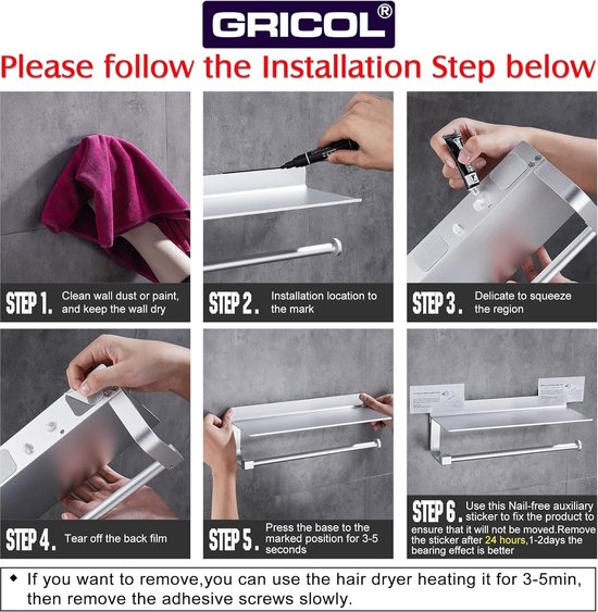 Gricol Keukenrolhouder Wandhouder Zwart - Zelfklevend Zonder Boren Met Ruime Plank En Tissue Dispenser