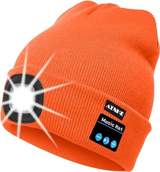 Muts met LED verlichting - Bluetooth muziek functie - Beanie Oranje - USB-oplaadbaar - 4 helder licht LED lampen - 3 standen - One-size - Unisex - Wasbaar