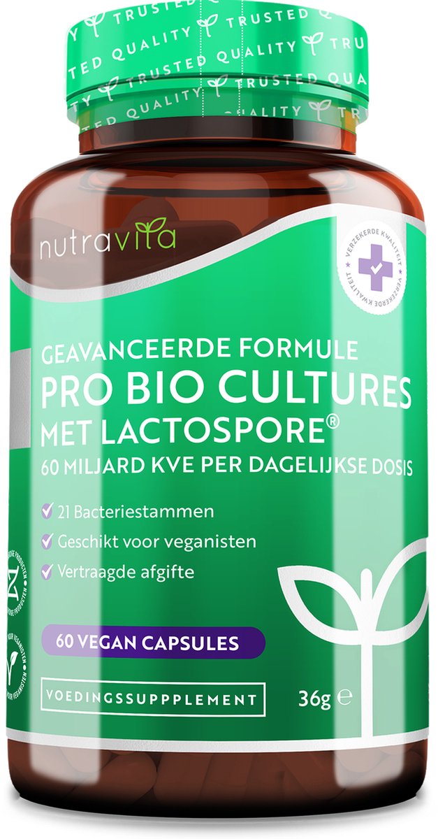 Nutravita Probiotica supplementen - 60 capsules van CFU Pro Bio Cultures Complex, Vegan Digestives Enzymes, Spijsvertering Supplementen tegen opgeblazen gevoel en buik, super sterke Bacteriële Culturen