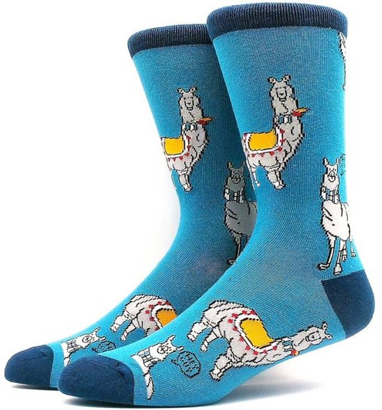 Foto: Sokken met lama s blauw met leuke print maat 38 43 fun socks grappig sokken voor dames heren alpaca peru