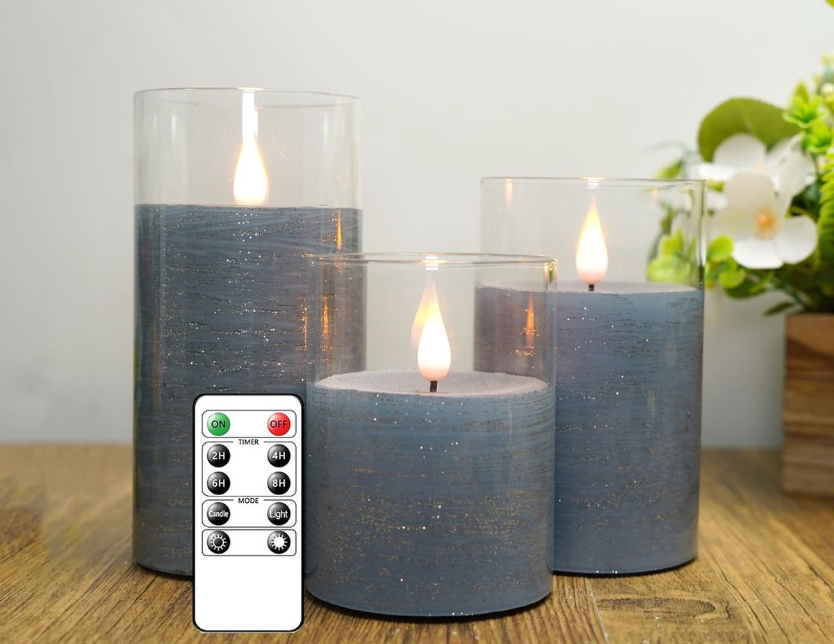 Moli Shop Denfone LED Kaarsen 3 stuks-Batterijkaarsen, zuilkaarsen Werkt op batterijen met afstandsbediening en timer, Blauw