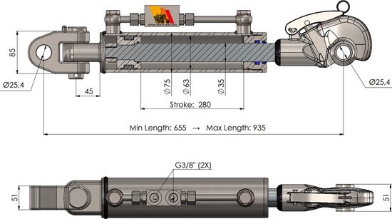 Hydraulische Topstang Cat 2 (655 - 935 mm) met Vanghaak, Terugslagklep en Gaffelkop – Slag 280