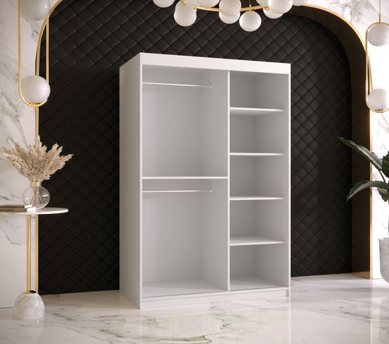 Armoire à portes coulissantes avec miroir Armoire à 2 portes coulissantes Armoire armoire de chambre Tringle à vêtements avec étagères (LxHxP) : 120x200x60 cm - Rumble II (Wit, 120)