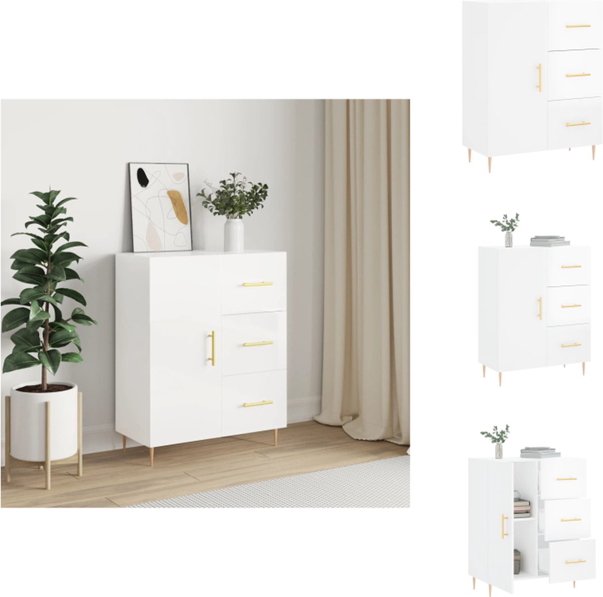 VidaXL Dressoir Vintage Hoogglans Wit 69.5 x 34 x 90 cm Bewerkt Hout en Metaal Keukenkast