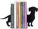 Zwarte metalen boekensteunen in de vorm van een teckel, voorstellen een gedeelte van de hond.