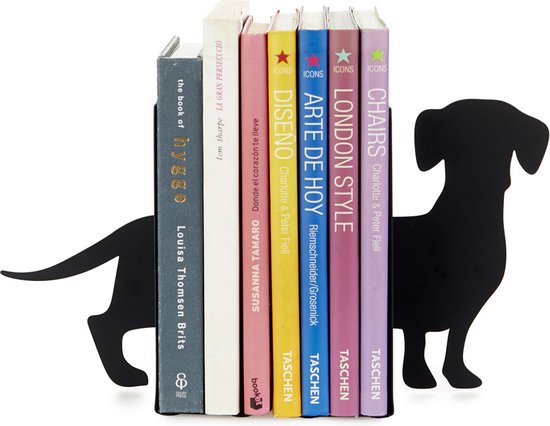 Zwarte metalen boekensteunen in de vorm van een teckel, voorstellen een gedeelte van de hond.