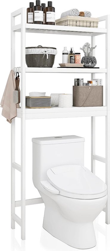 Toiletrek, bamboe wc-rek, verstelbaar wasmachinerek, badkamerrek met 3 legplanken, ruimtebesparend, gemakkelijk te monteren, wit