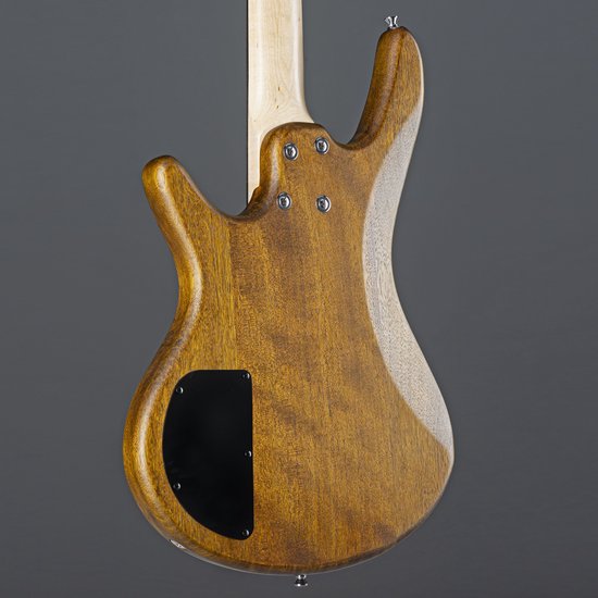 Detail van de achterkant van een bruine elektrische basgitaar, met zicht op houtnerf en bevestigingsschroeven.