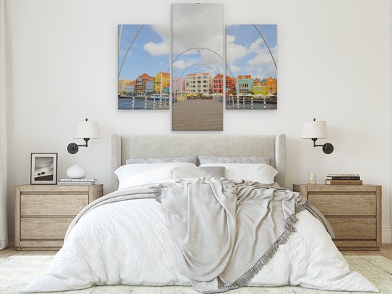 Artaza Peinture sur toile Triptyque Maisons colorées de Willemstad à Curaçao - 150x120 - Groot - Photo sur toile - Impression sur toile