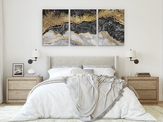 Artaza Peinture sur Toile Triptyque Art Abstrait - Zwart avec Marbre Witte - 180x80 - Groot - Photo sur Toile - Impression sur Toile