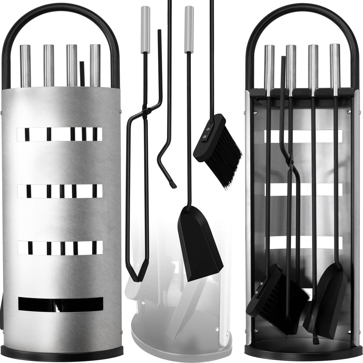 KESSER® Haardset 5-delig - Gereedschap Set voor Openhaard met Staal Pook Borstel Shep Tang Gecoat Haard accessoires met Scherm van Roestvrij Staal - Zilver