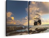 Artaza Canvas Schilderij Tweeluik Piratenschip aan de Kust bij Zonsondergang - 160x120 - Groot - Foto Op Canvas - Canvas Print