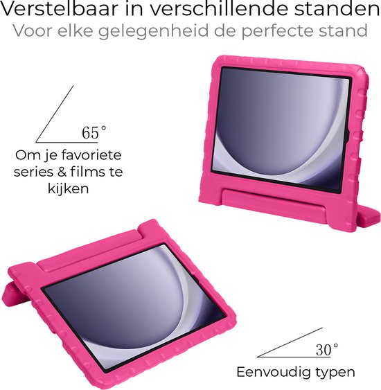 Roze tablethoes, verstelbaar in 30° typestand en 65° kijkstand.