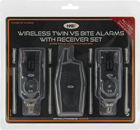 NGT Wireless Bite Alarm Set - 2 + 1 - Récepteur sans fil - Comprend des oreilles accrochées - Hauteur et volume réglables - Étanche - Zwart
