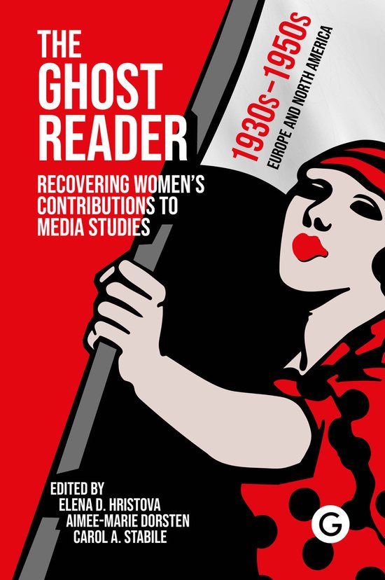 Boekomslag: 'The Ghost Reader' met gestileerde illustratie van een vrouw in rood en zwart tegen een rode achtergrond.