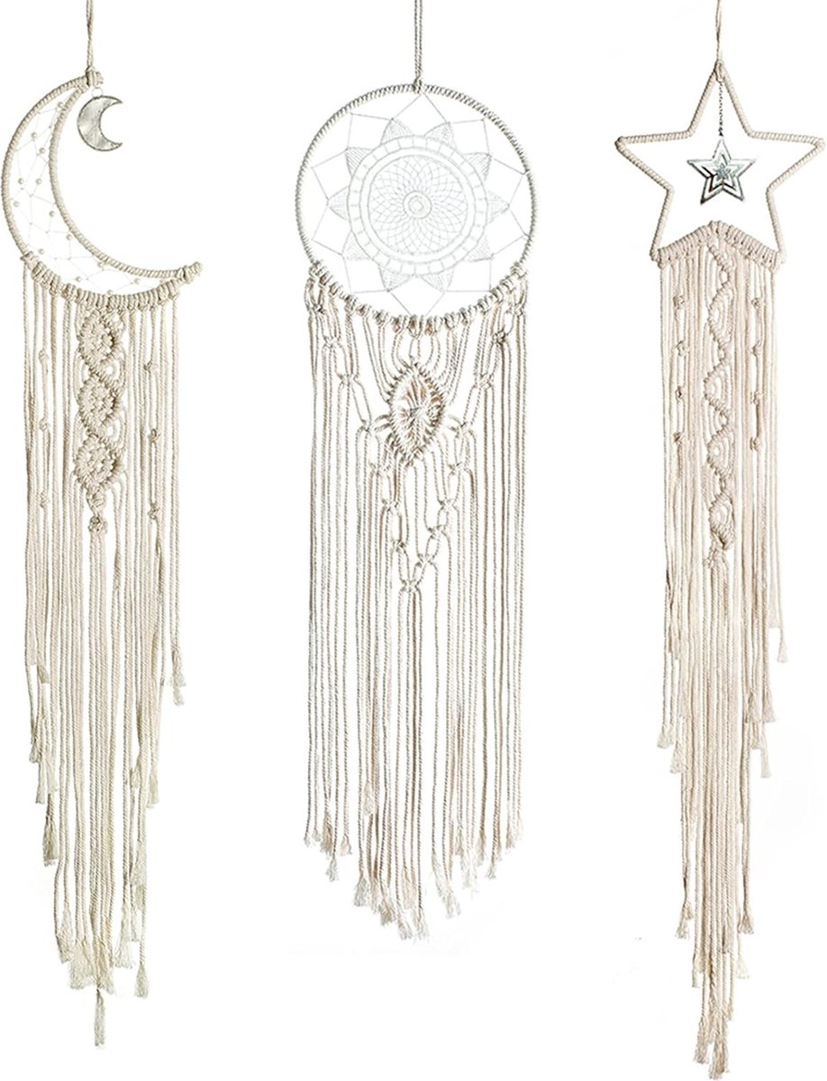 Pack of 3 Dream Catchers Sun & Moon & Star Macrame Wall Decoration Woven Tapestry Bohemian Chic Wall Art Decor for Girls Bedroom Home Decoration Ornament Craft Gift