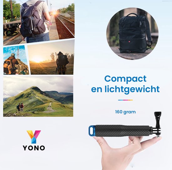 Een hand die een compacte en lichte selfiestick vasthoudt (160 gram). Collage van wandel- en reisbeelden.