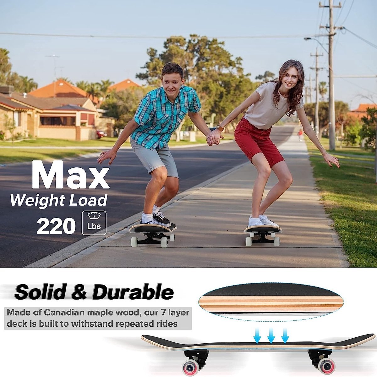 Suotu Skateboard - 80x20cm - ABEC-9 - 95A - schokabsorptie - Jongens - Meisjes - Volwassenen Skateboards — afbeelding 4