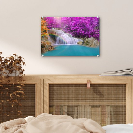 MuchoWow® Peinture sur verre 30x20 cm - Peinture sur verre acrylique - Cascade - Arbres - Arc-en-ciel - Violet - Photo sur verre - Peintures