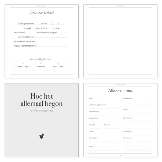 Boekpagina's met 'Daar ben je dan!', 'Hoe het allemaal begon', en 'Alles over mama' met invulvelden.
