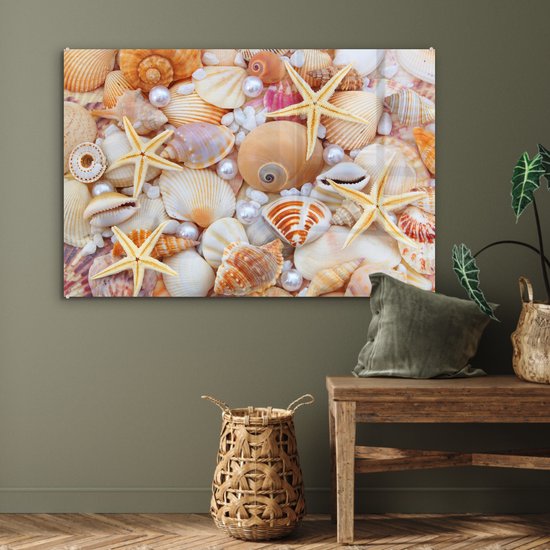 Peinture sur verre - Photo sur verre - Coquillage - Perles - Étoile de mer - Décoration murale - 90x60 cm - Peinture sur verre - Décoration murale - Photo sur verre - Peinture sur verre plage - Verre acrylique