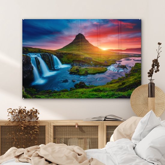 Peinture sur verre - Photo sur verre - Cascade - Islande - Coucher de soleil - Berg - Verre acrylique - Peinture sur verre nature - Peinture sur verre - 120x80 cm - Décoration murale - Décoration Décoration murale
