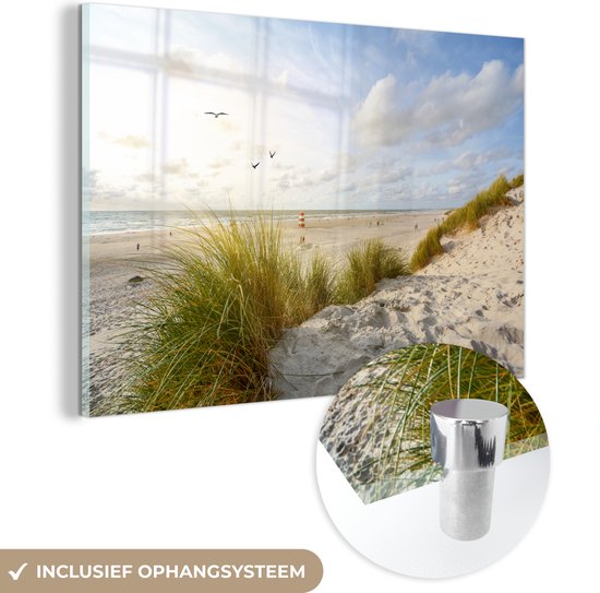 MuchoWow® Glasschilderij 180x120 cm - Schilderij acrylglas - Strand - Zee - Vogels - Foto op glas - Schilderijen