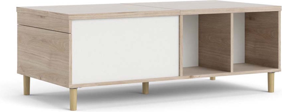 Penny salontafel met uittrekbaar bovenpaneel en 2 vakken Hickory decor en mat wit.