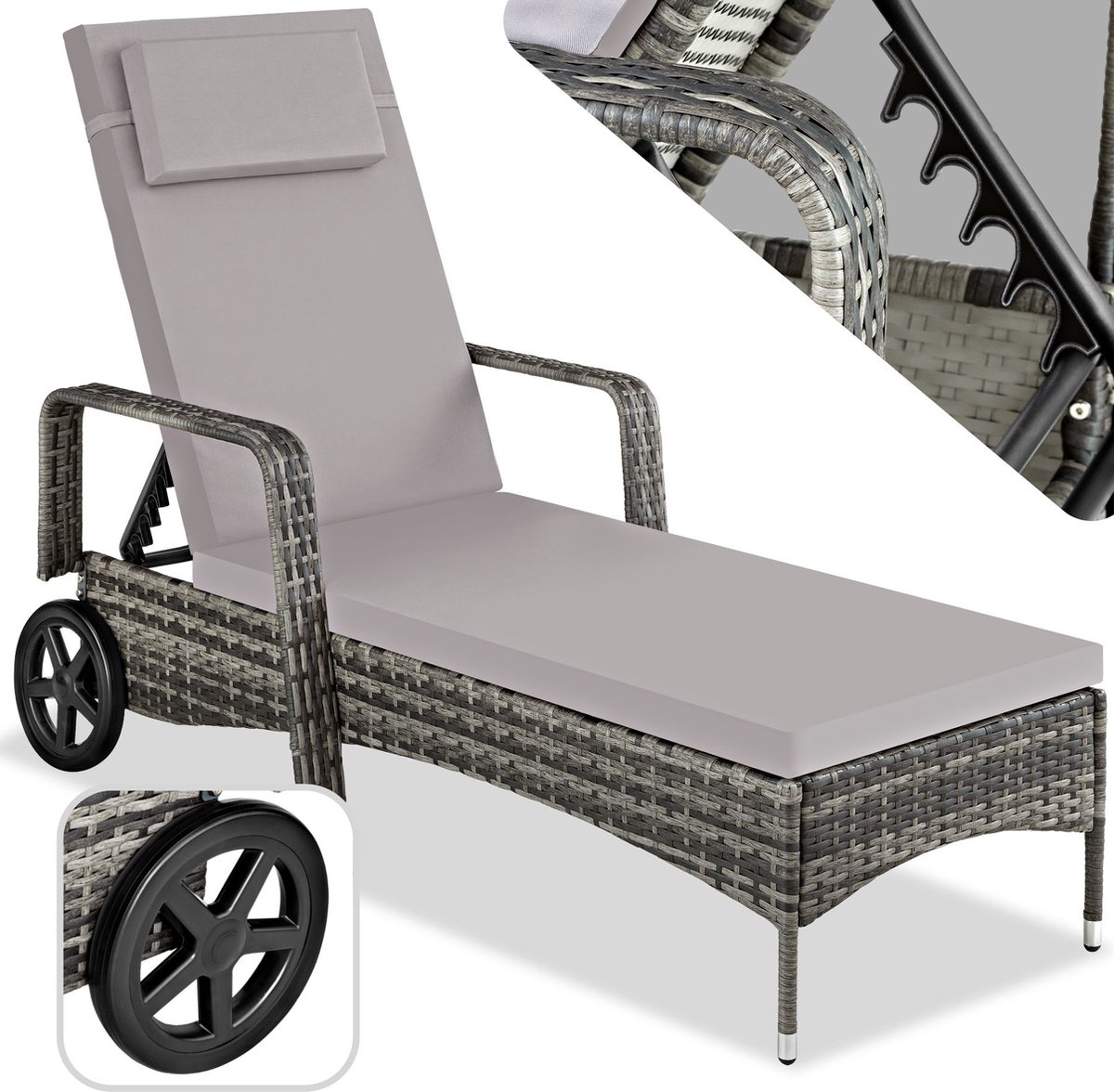 Bol.com tectake® Aluminium wicker outdoor ligstoel - Met armleuningen en wielen - Polyrotan tuinligstoel - In 6 standen verstelb... aanbieding