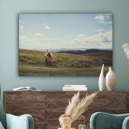 Peinture sur toile Highlanders écossais - Herbe - Nuages ​​- Animaux - 140x90 cm - Décoration murale