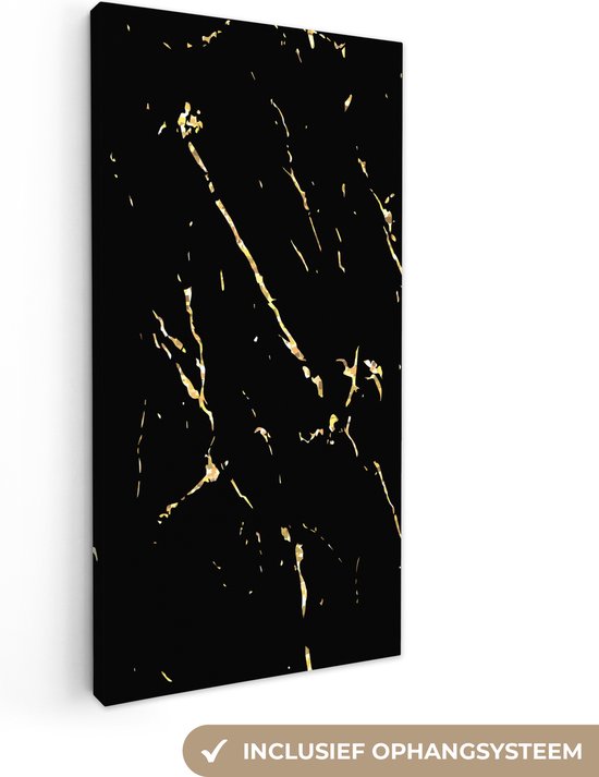 Canvas Schilderij Marmer - Zwart - Goud - Luxe - 40x80 cm - Wanddecoratie