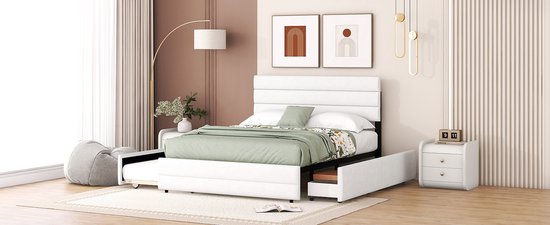 Merax Lit double 140 x 200 - Cadre de lit avec 2 tiroirs et lit gigogne supplémentaire 90 x 190 - Wit