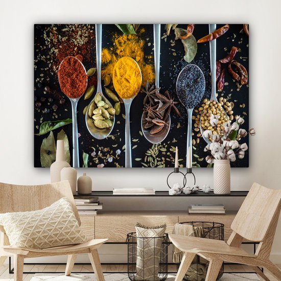 Tableau sur toile Herbes - Cuillère - Épices - Zwart - Cuisine - 140x90 cm - Décoration murale