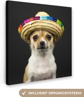 Canvas Schilderij Hond - Sombrero - Zwart - 90x90 cm - Wanddecoratie