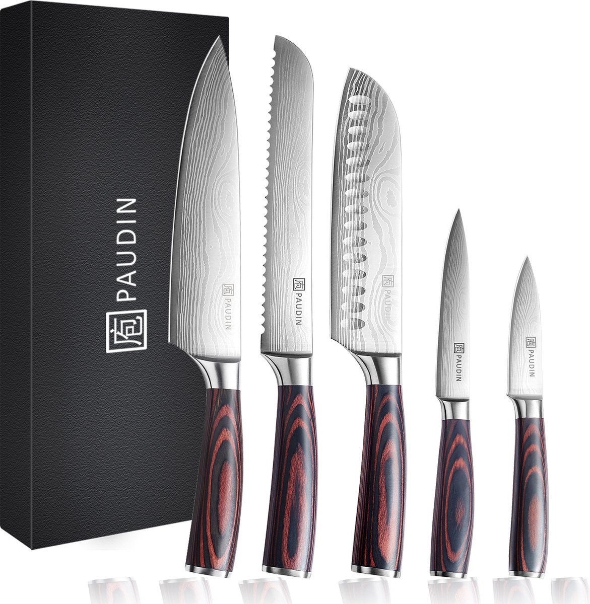 PAUDIN NS5 Professionele Messenset - 5-delig - Japanse Messen - Koksmes - Broodmes - Santokumes - Officemes - Schilmes - Damascus Patroon
