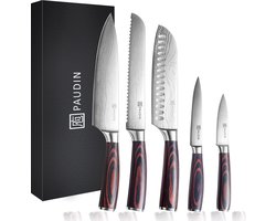 PAUDIN NS5 Professionele Messenset - 5-Delig - Japanse Messen - Koksmes - Broodmes - Santokumes - Officemes - Schilmes - Damascus Patroon