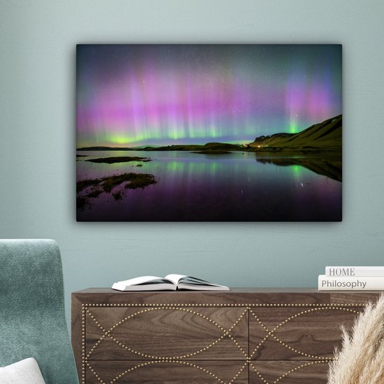 Canvas Schilderij Noorderlicht - IJsland - Paars - 90x60 cm - Wanddecoratie
