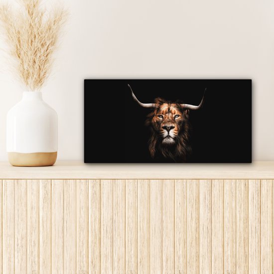 Leeuw - Hoorn - Schotse hooglander - Canvas - 40x20 cm - Wanddecoratie