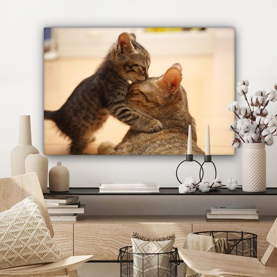 Chat câlin avec chaton 60x40 cm - Tirage photo sur toile (Décoration murale salon / chambre)