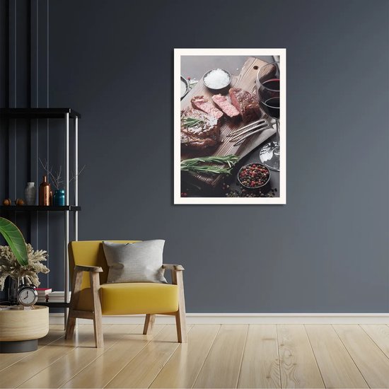 Poster Beef met Rode Wijn Rechthoek Verticaal Met Lijst M (30 X 40 CM) - Witte Lijst - Wanddecoratie - Posters