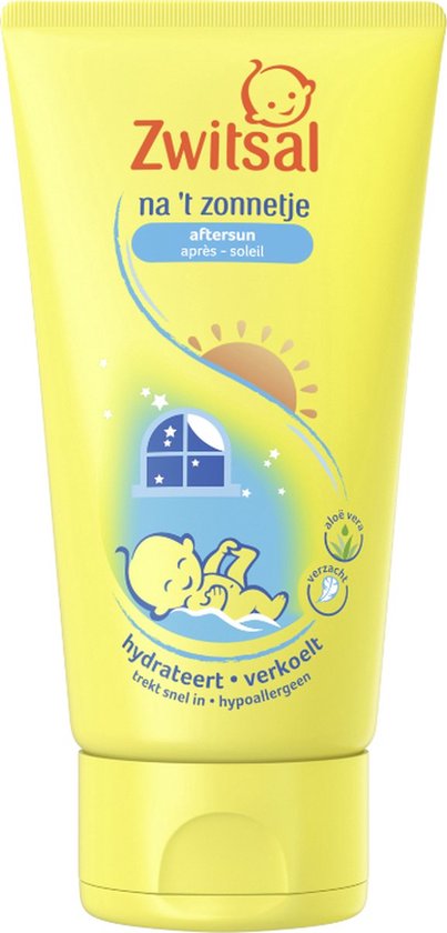 Gele tube Zwitsal na 't zonnetje. Met afbeelding van slapende baby, zon, sterren en aloe vera. Hydrateert, verkoelt, trekt snel in, hypoallergeen.
