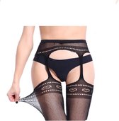 Erodit®Sexy luxe zwarte gaas met hartjes print panty - jarretelgordel - Luxe panty - Cadeau voor Vrouw- jarretel kousen - erotische kousen