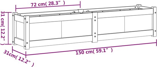 Dimensions de la jardinière : 150 cm de long, 31 cm de large et 31 cm de haut.