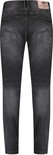 Achterkant van een donkergrijze slim fit jeans met een label en gebogen achterzakken.