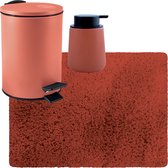MSV badkamer droogloop tapijt langharig 50x70 cm - pedaalemmer 3L - zeeppompje 300 ml - terracotta