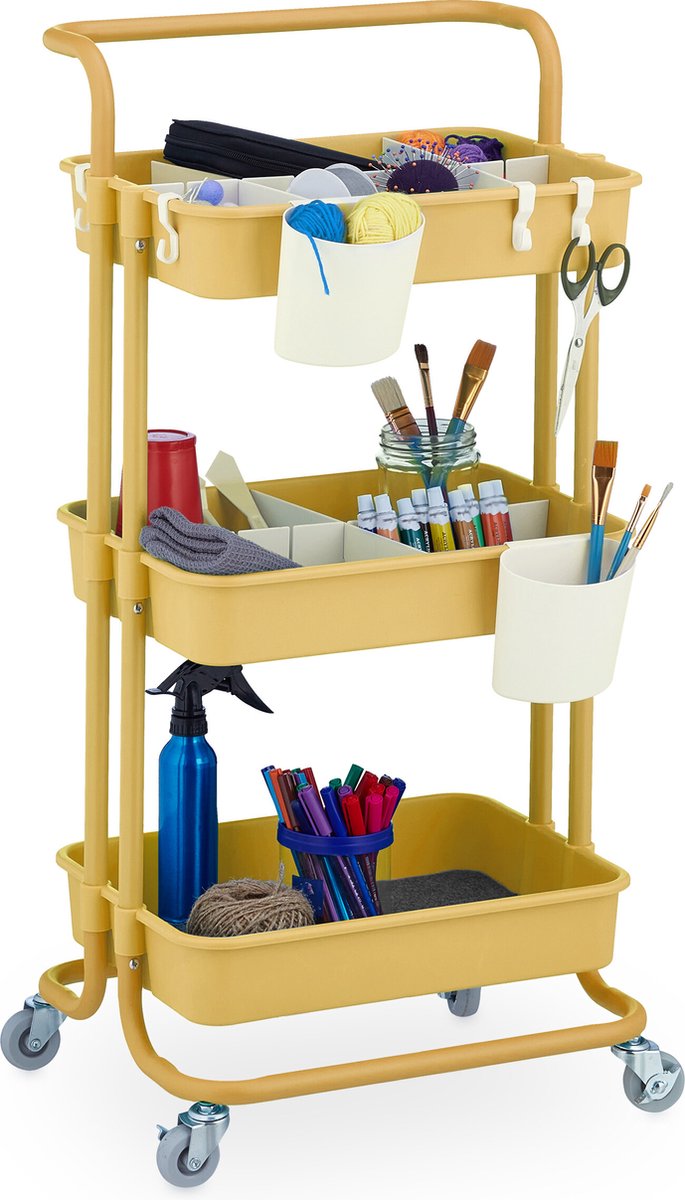 keukentrolley - 3 etages - bakjes - badkamer trolley - 86x42,5x36 cm - geel