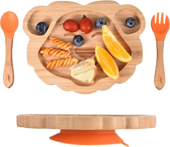 Pencilluxe® Bamboe Baby Bord (Leeuw) - Baby Cadeau - Kinderservies set - Zuignap - Kinderbord - Baby servies - Baby bestek - Melamine & BPA-vrij - Vakjesbord - Kraammand - Kraamcadeau - Babyshower cadeau - Baby - Geboorte Cadeau - Kraamvisite