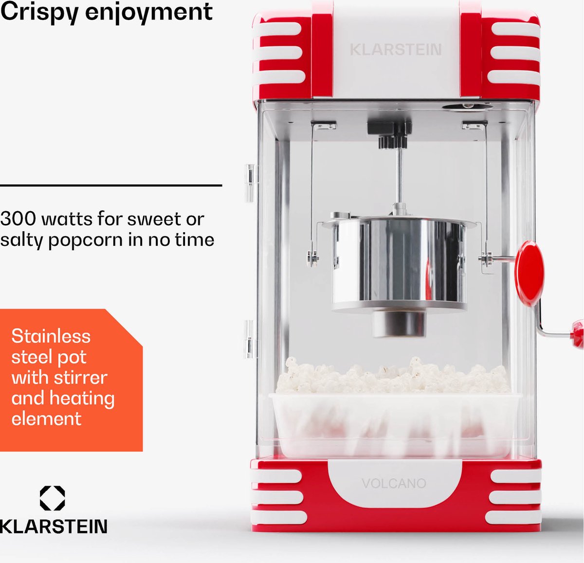 Klarstein popcornmachine klein, popcornmachine voor zoete & zoute popcorn, 300W popcorn maker, retro keukenapparaat voor maïs popcorn, popcorn machine met rvs houder, popcornmachines