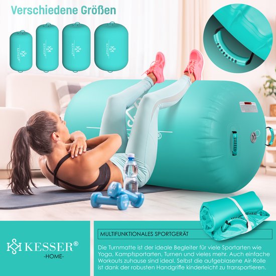 KM KM Fit Fit Opblaasbare turnmat Airtrack fitnessmat gymnastiekmat 5 m mintgroen inclusief draagtas elektrische luchtpomp en reparatieset UV-bestendig tumbling-matten trainingsmat sportmat