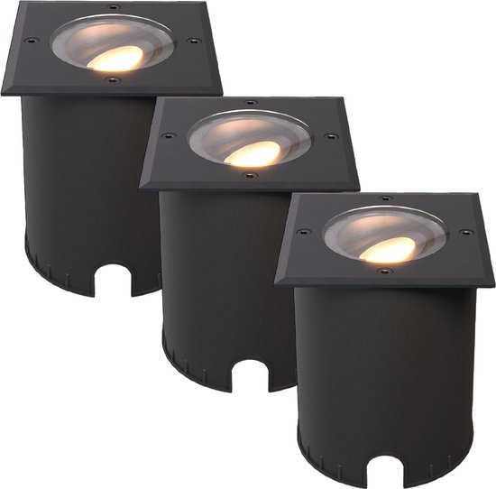 HOFTRONIC - Set van 3 Cody LED Grondspots XL Zwart - Vierkant - Dimbaar en kantelbaar - IP67 Waterdicht - RVS - Geschikt voor tuin, oprit en pad